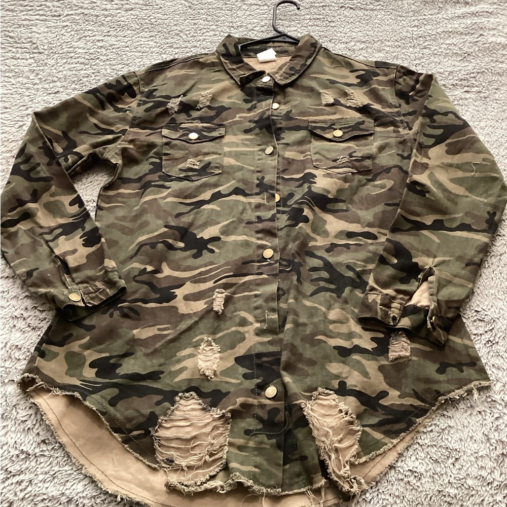 SHEIN Women's Camouflage Distressed Button Down Shirt